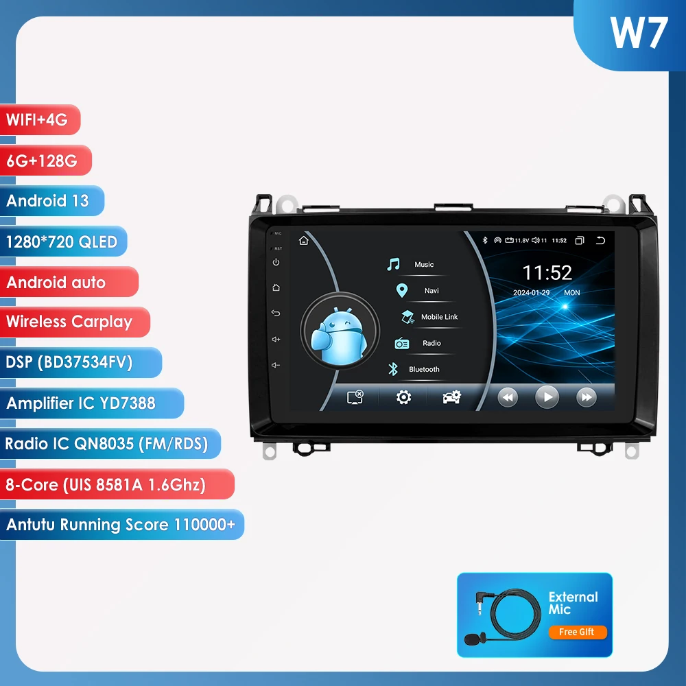 Hizpo 9" Android autoradio voor Mercedes Benz W169 W245 B200 W906 B906 Sprinter W639 Vito, draadloze CarPlay, Android Auto, GPS-navigatie, multimedia-speler, IPS-scherm, stereo, WiFi, 4G, Bluetooth,