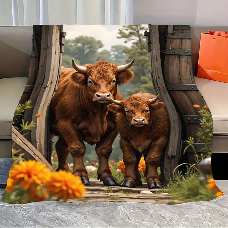 1pc Flannel Blanket Rustic Barn Scene Blanket with Highland Cows and Wildflowers