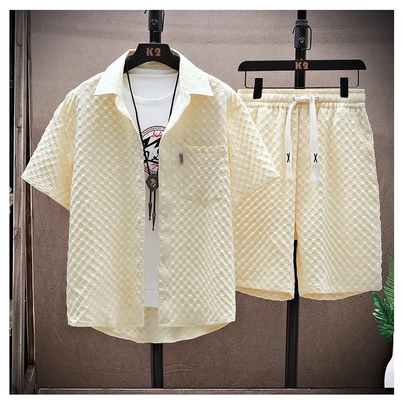 Summer Men's Set High Quality Ice Silk Plaid Short Sleeve lapel Shirt +Shorts 2-piece for Men Korean Luxury Casual Oversize Suit