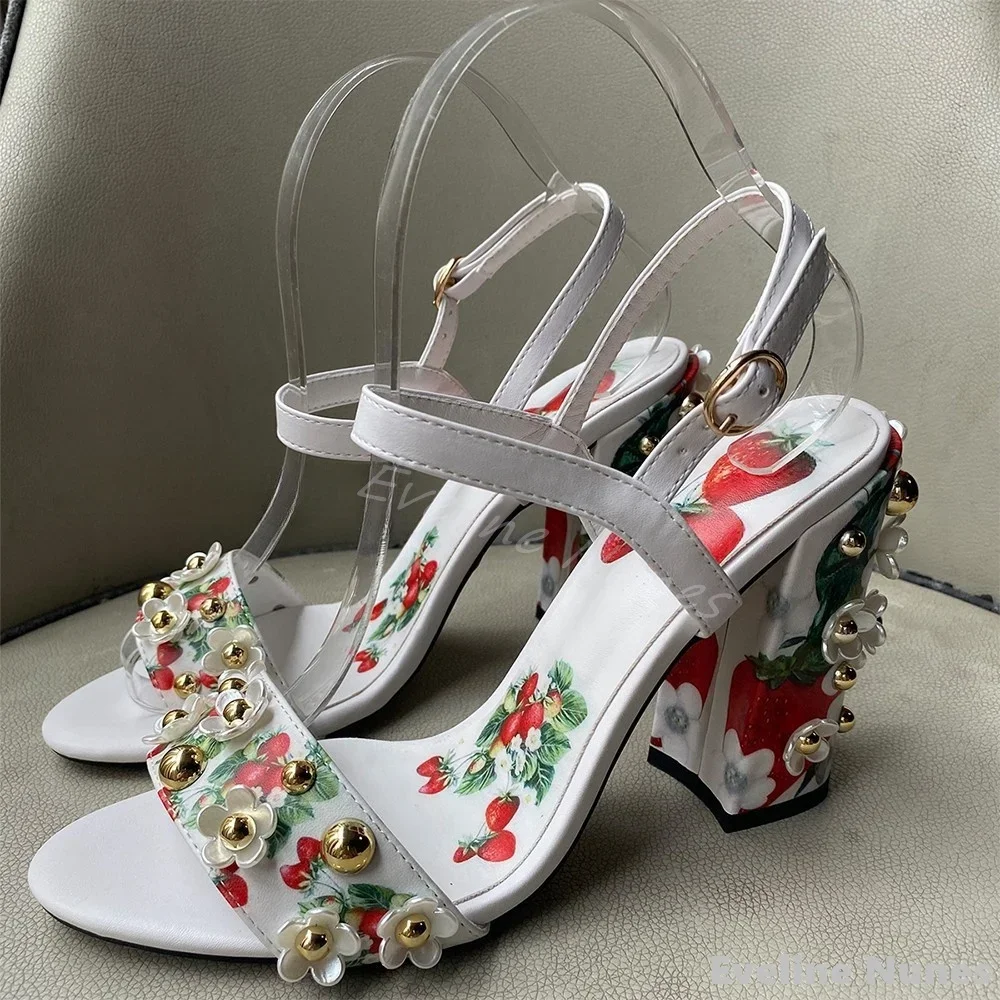Rhinestone Flowers One Word Belt Sandals Women Round Toe Chunky Heel Strawberry Print Sandals 2025 Summer New Ankle Strap Sandal