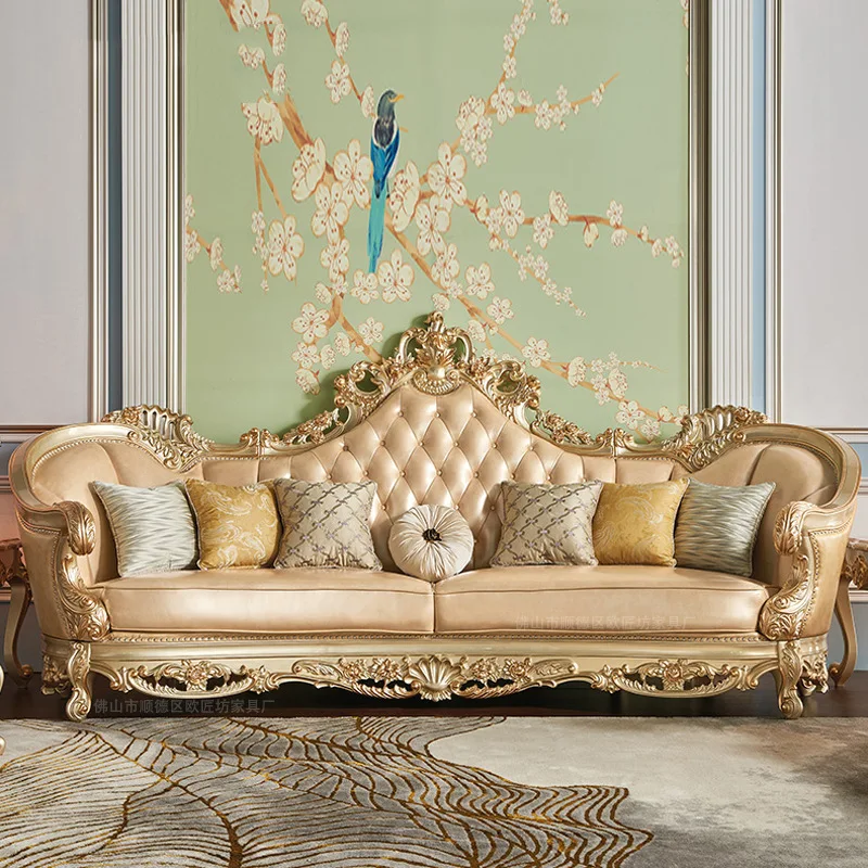 Leather sofa solid wood double-sided engraved European style