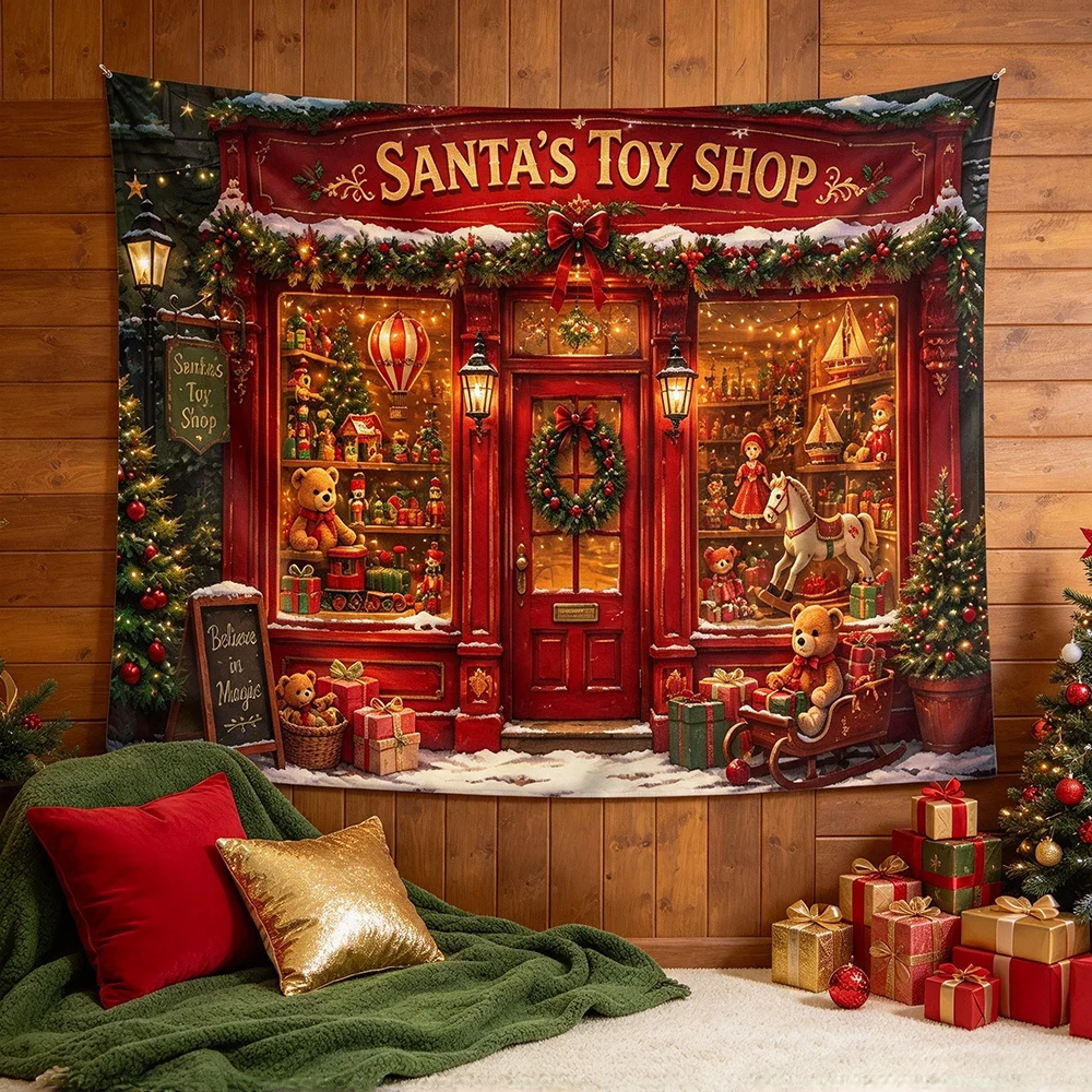 1PCS Tapestry, Santa Toy Shop Storefront Teddy Bear Horse Scene, Holiday Party Decoration for Home Studio Wall