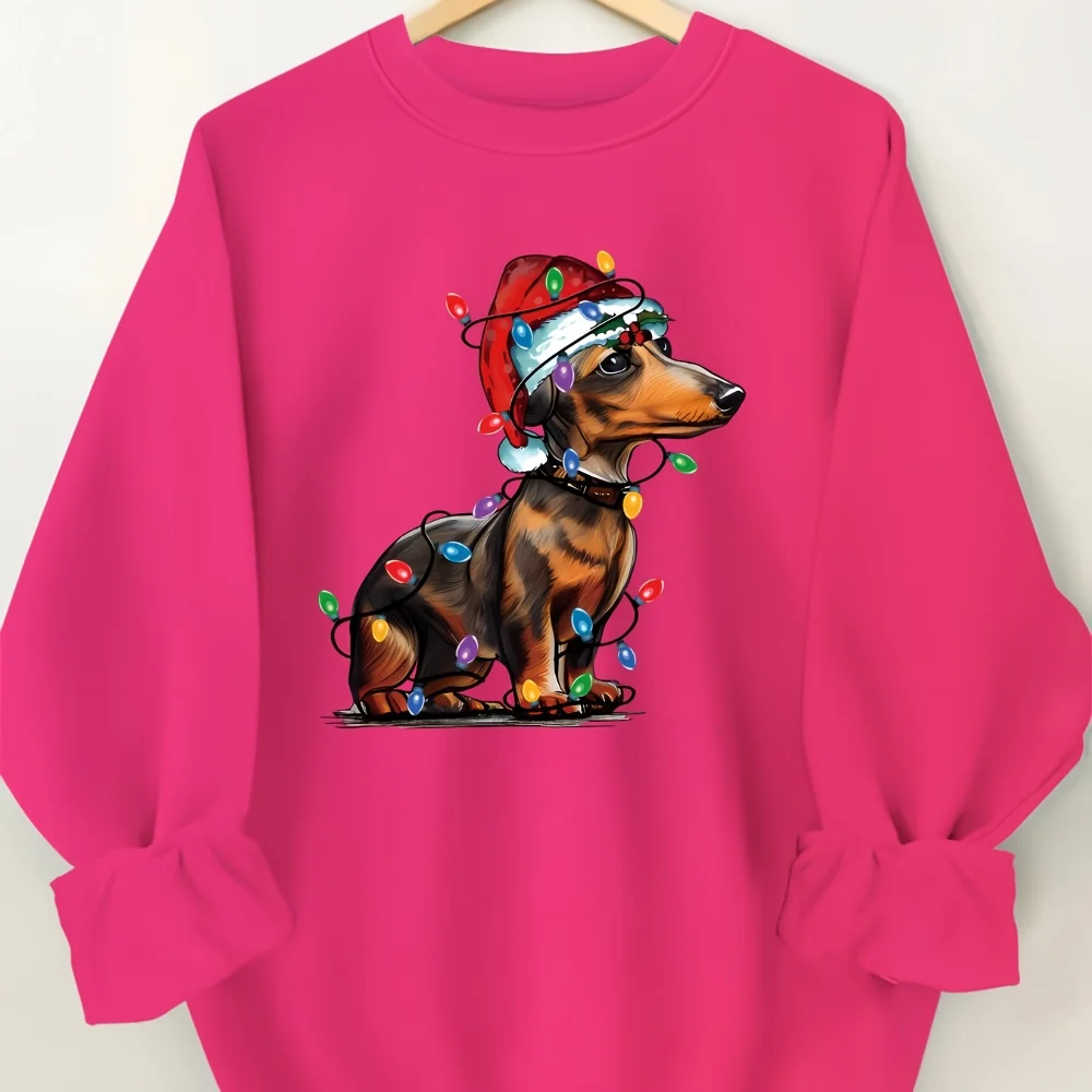 Christmas Style Light String Sausage Dog Pattern Printed Women\'s Hoodie Casual O-neck Pullover Comfortable All Season Top