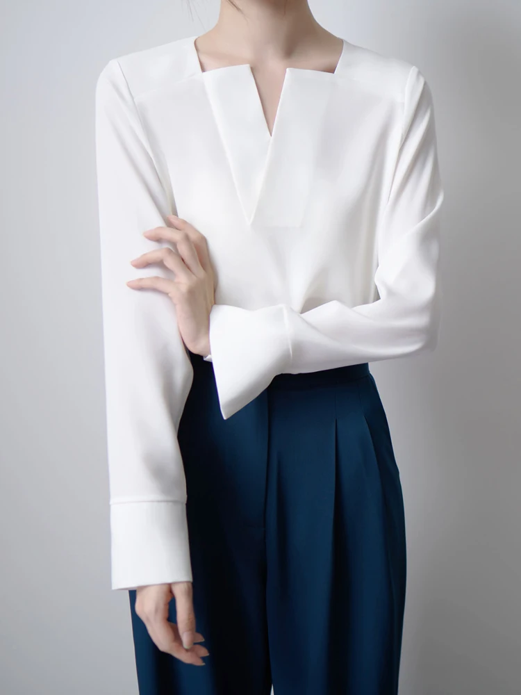 

White V-ne Long Sve Chiffon irt Women's Spring Autumn Profional Commute Sle Loose Fit Korean Version Top