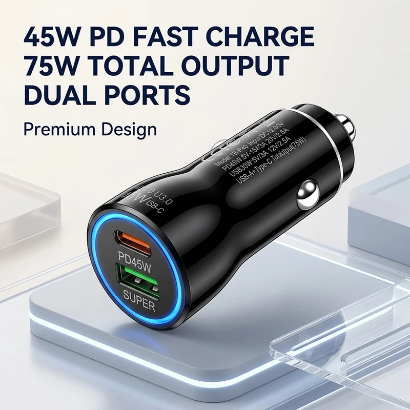 45W Dual Port Car Charger USB C PD3.0 QC3.0 Fast Charging Adapter With Advanced Security Protection Fits 12V 24V Vehicles