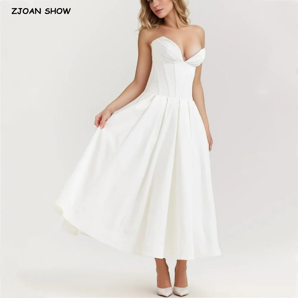 

2024 Sexy White Deep Slit V Collar Backless Midi Long Strapless Dress Women Low Waist Pleated Ruched Hem Swing Robe Party Purple