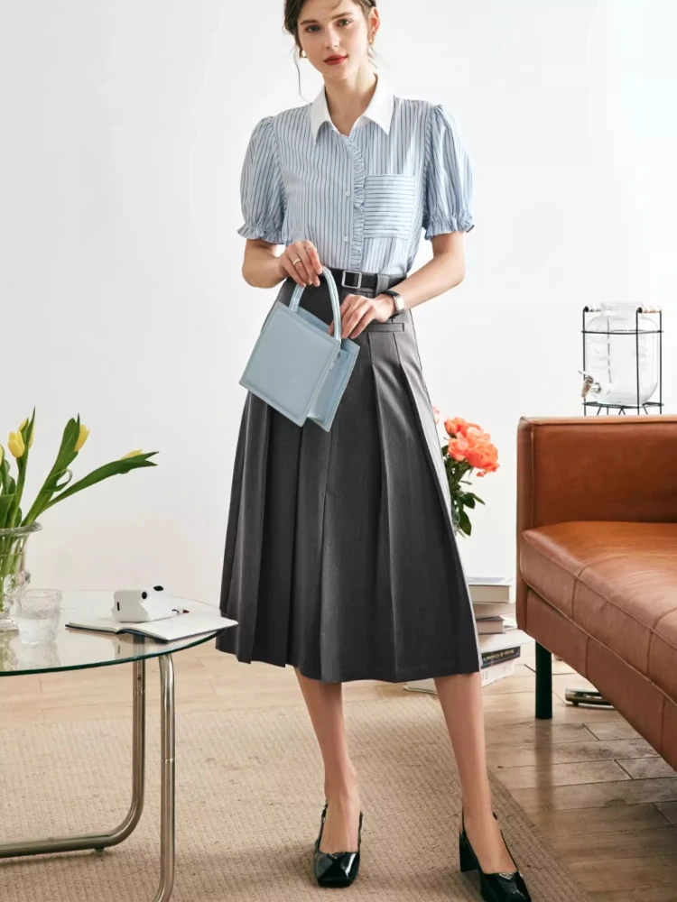 Olrain saia plissada feminina 2025 outono sólido a linha saia longa moda commute mulher saias elegante senhora do escritório o23db89262