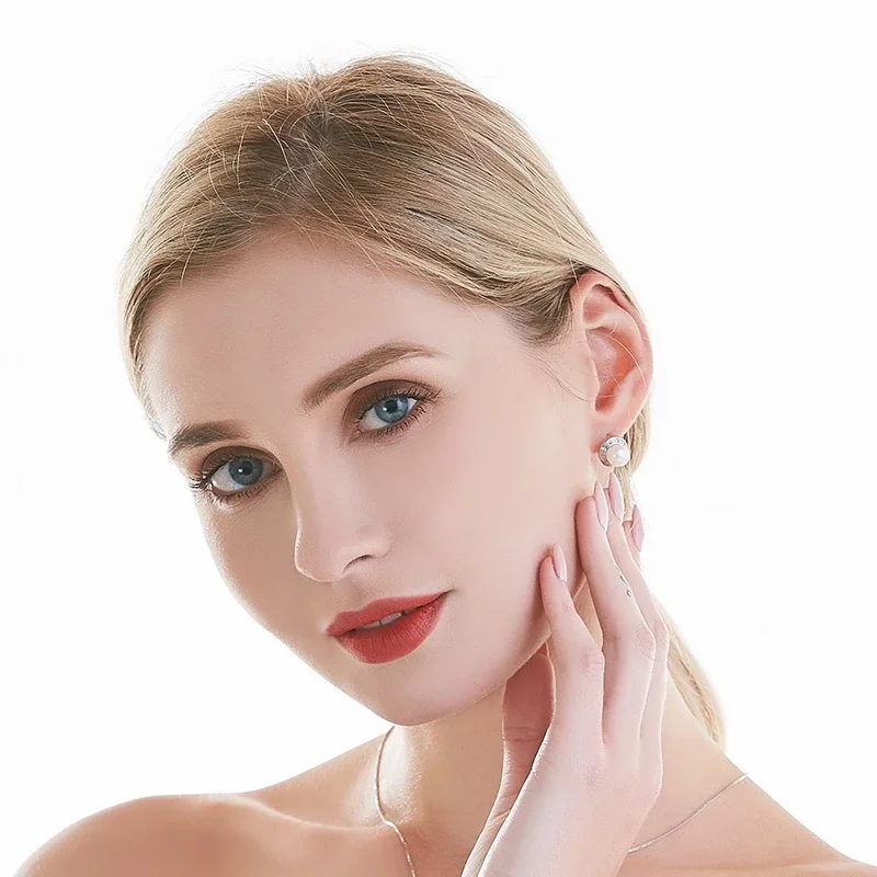 AAAA Top Quality 100% Natural Freshwater Pearl Stud Earrings For Women Fashion Elegant Party Zircon 925 Sterling Silver Jewelry