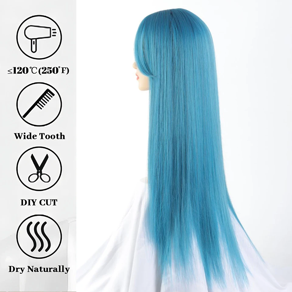 Wig Sintetis Lurus Halus Panjang dengan Poni Wig Rambut Lolita Pesta Cosplay Biru Hijau untuk Wanita Wig Tahan Panas Alami LM