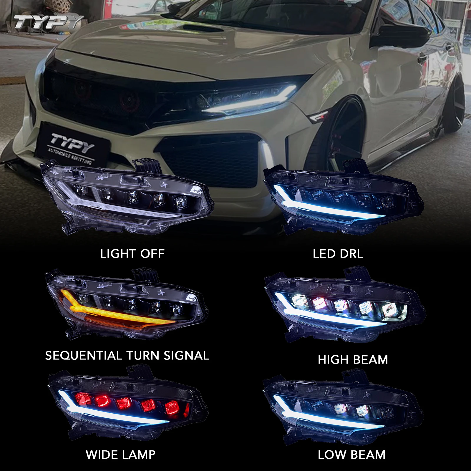 Headlights modified five-lens LED highlight day line lights Streamline steering headlights For Honda Civic 10th Gen 2016-2022