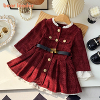 Bear Leader Winter Warm New Years Girls Dresses Red Kids Clothes Korean Version Plaid Print Lace Pathwork Christmas Outfits