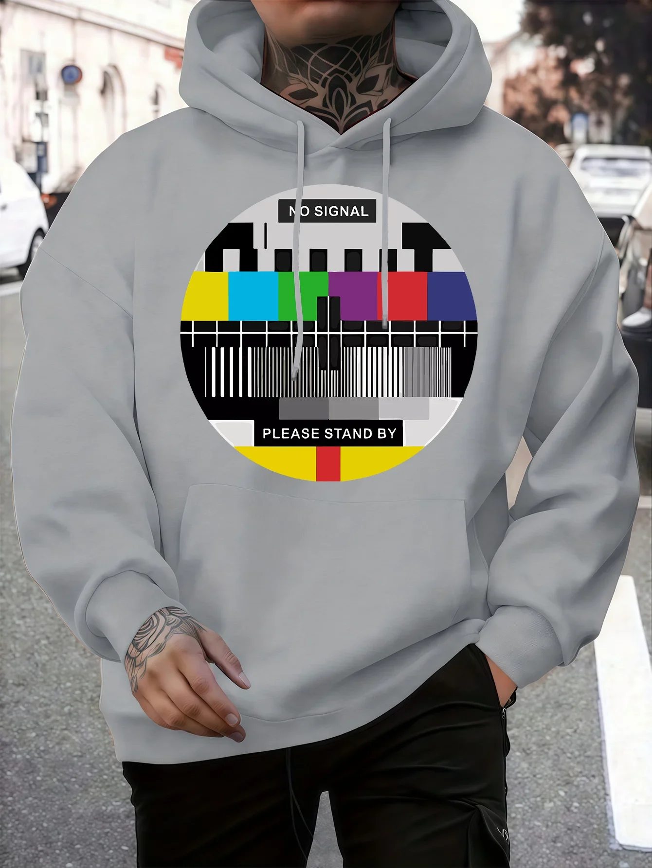 Men Retro Oversized Hoodie Autumn Winter No Signal Please Stand By TV Test Screen Graphic Daily Casual Hooded Sweatshirt