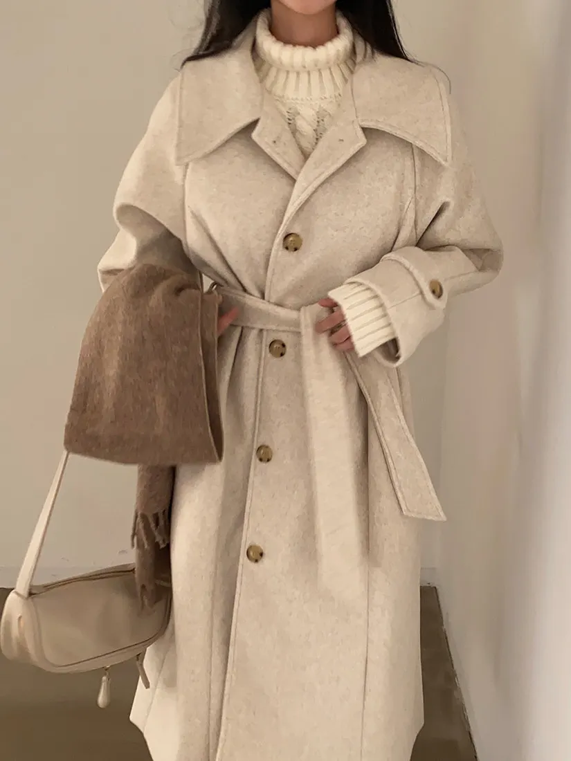 

Зимнее длинное шерстяное пальто, женское корейское пальто с застежкой на талии, высококачественное модное пальто с поясом Ele Aosphere для поездок на работу