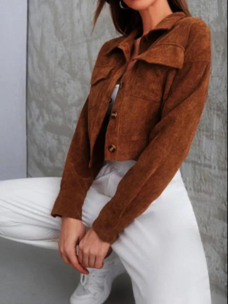 

Zadily Women's 2025 Autumn Brown Corduroy Turn-Down Collar Cropped Shirt Button Front Pocket Jacket Casual Fall Outerwear