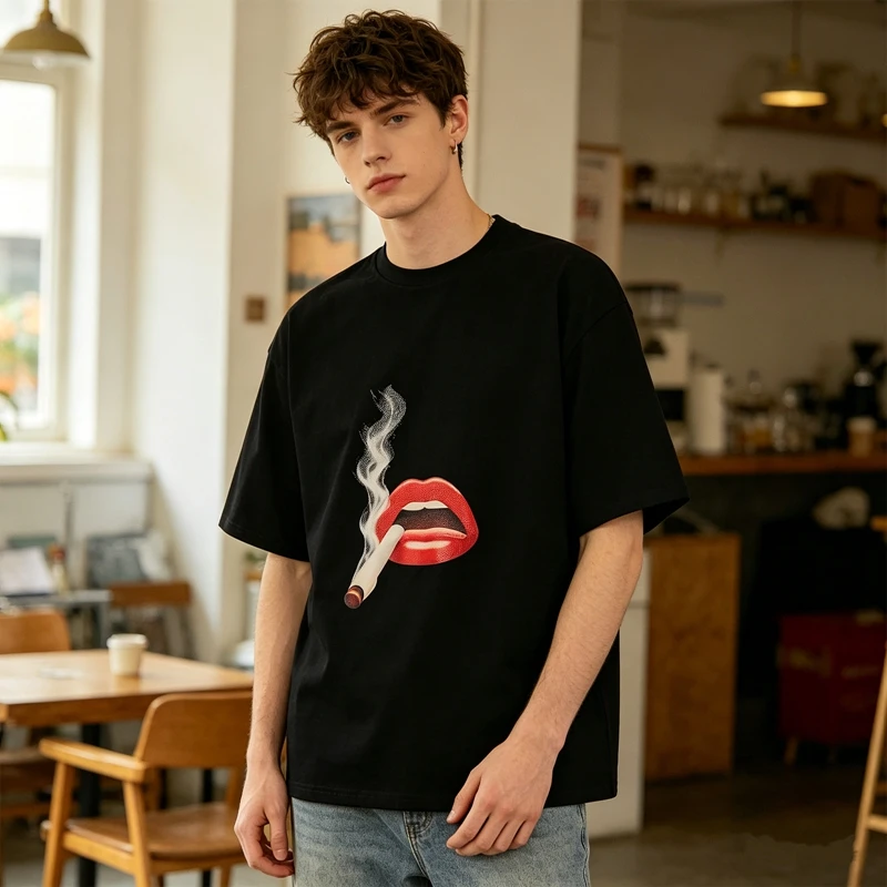 Retro Smoking Red Lips Grafik-T-Shirt, übergroße, lässige T-Shirts, Y2K-Streetwear, lässige Baumwolle, kurzärmelig, Unisex-Kleidung – Detail 4