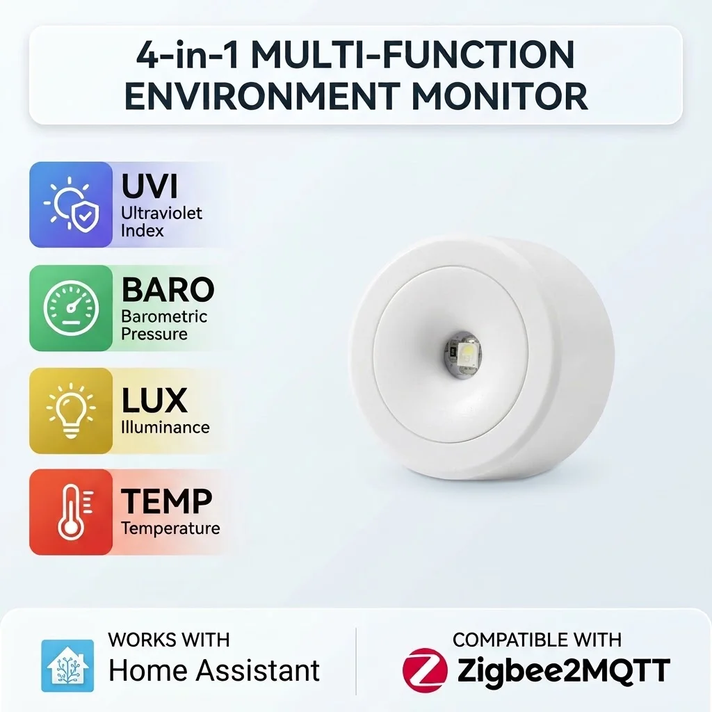 Zigbee 4 in 1 Weather Multi Sensor UV Light Illuminance LUX Barometer Temperature Detector Works with Home Assistant Zigbee2MQTT