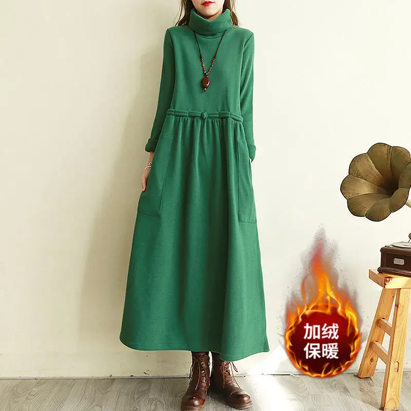 Plush Thickened Retro Artistic Dress Women Autumn and Winter New Style Knee Length Skirt Plus Size Loose Medium Length Dresses