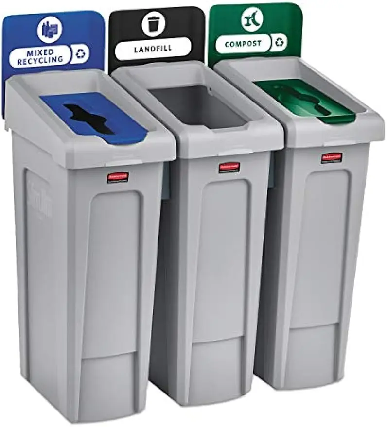 

Rubbermaid Commercial Products Slim Jim Recycling Station, 23-Gallon, 3 Stream Landfill/Mixed Recycling/Compost Trash Cans,