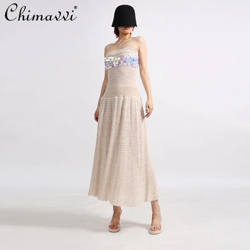 

French Temperament Elegant Evening Dresses Summer Sleeveless Off-shoulder Sequins High Waist A-line Socialite Long Dress Women