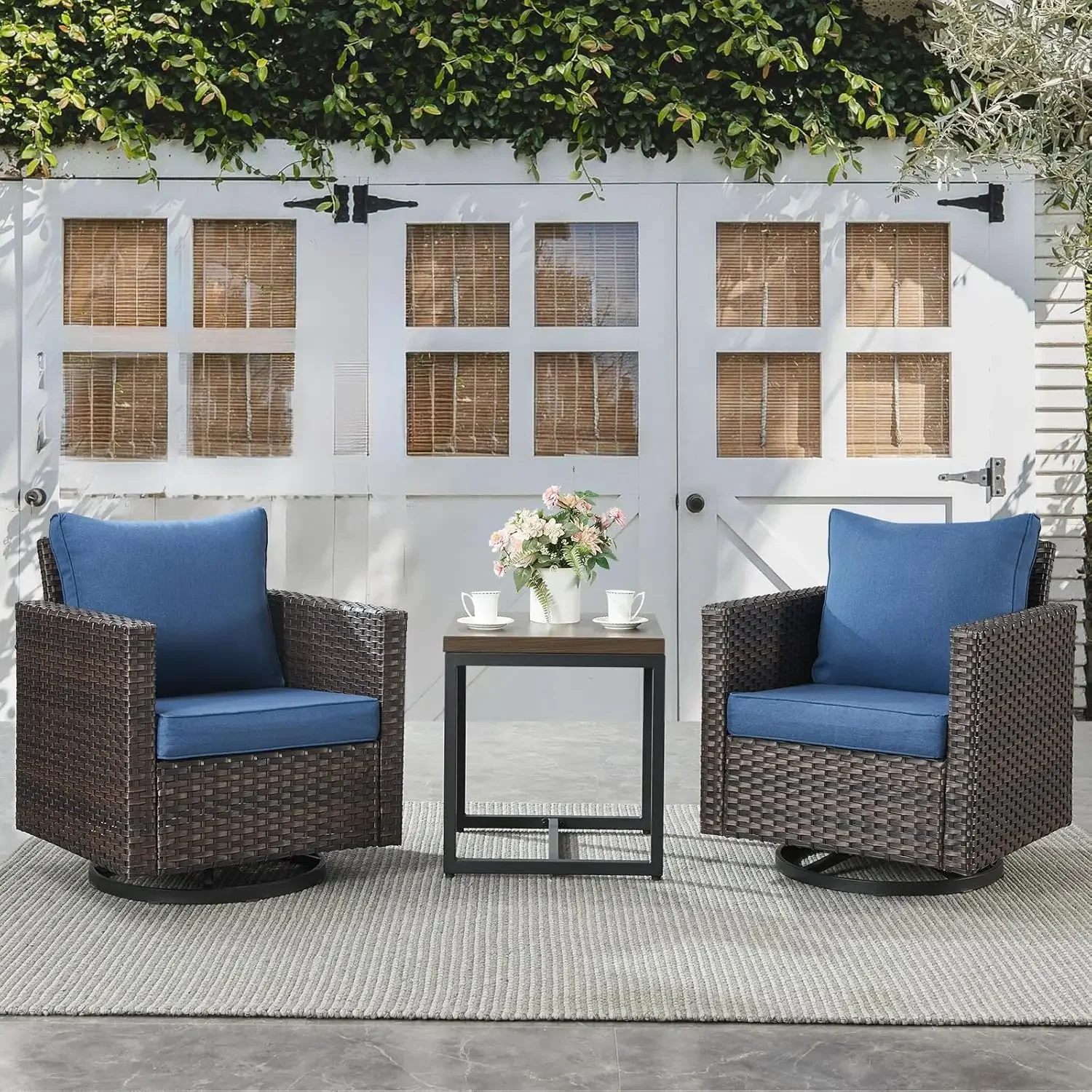 Outdoor Bistro Set 3 Piece Wicker Swivel Rocker Patio Chairs,Patio Swivel Glider Chairs Wicker Furniture with Metal Side Table