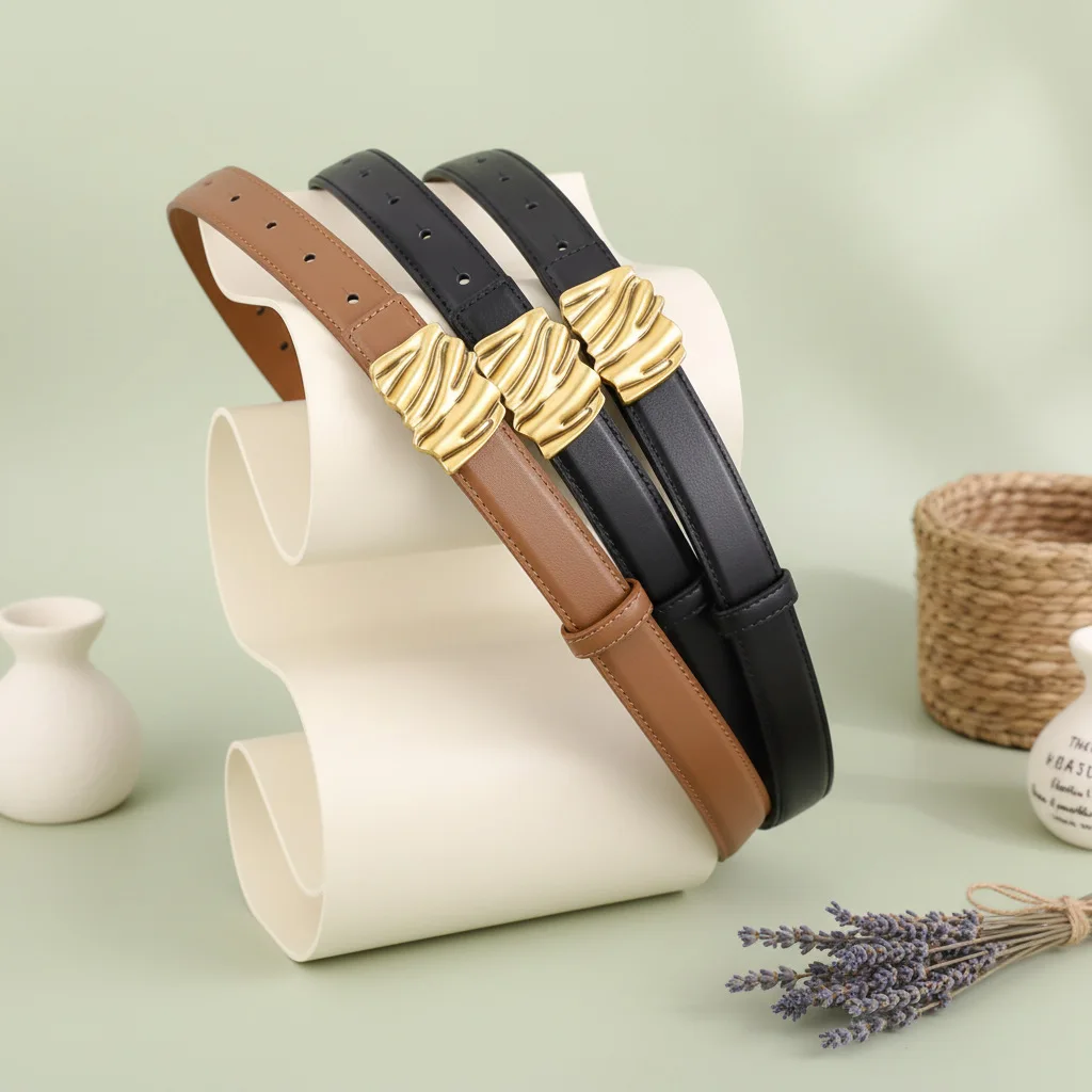 Women's New Retro Cowhide Belt with Gold Buckle Decoration Design,Female Simple Fashion Versatile Waist Genuine Leather Belt