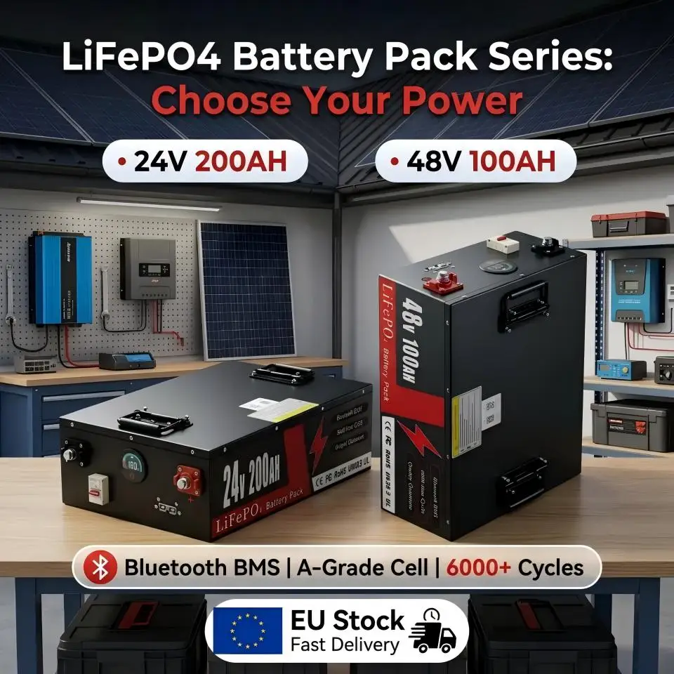 24V 48V 50Ah 100Ah 200Ah LiFePO4 Batterie mit integriertem Bluetooth-BMS, 6000+ Zyklen für Solarenergiespeicher, Wohnmobile, Golfcarts, Boote, Camper, Marine-Trolling-Motoren, Off-Grid-Anwendungen