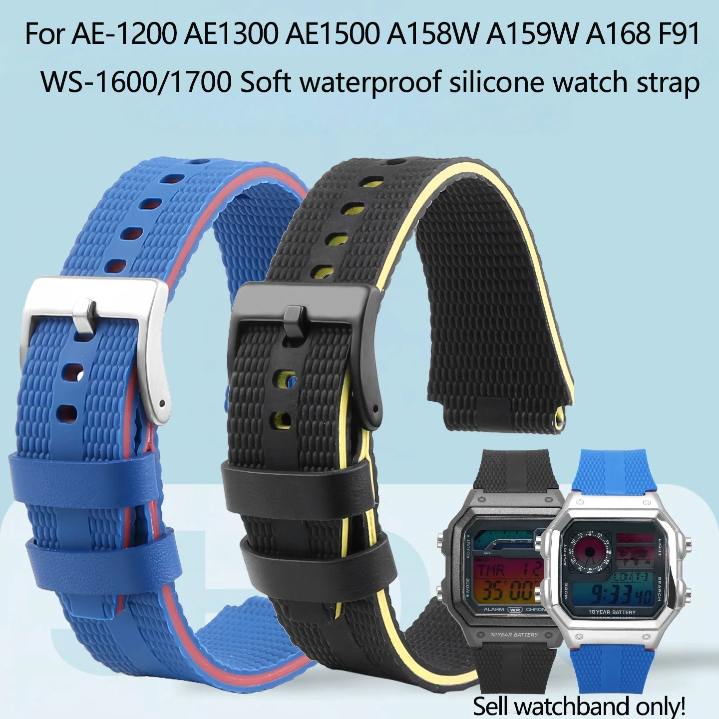Color blocked dual tone silicone watchband for Casio AE-1200/1300/1500 A158W A159 A168 F91 WS-1600/1700 series replacement strap