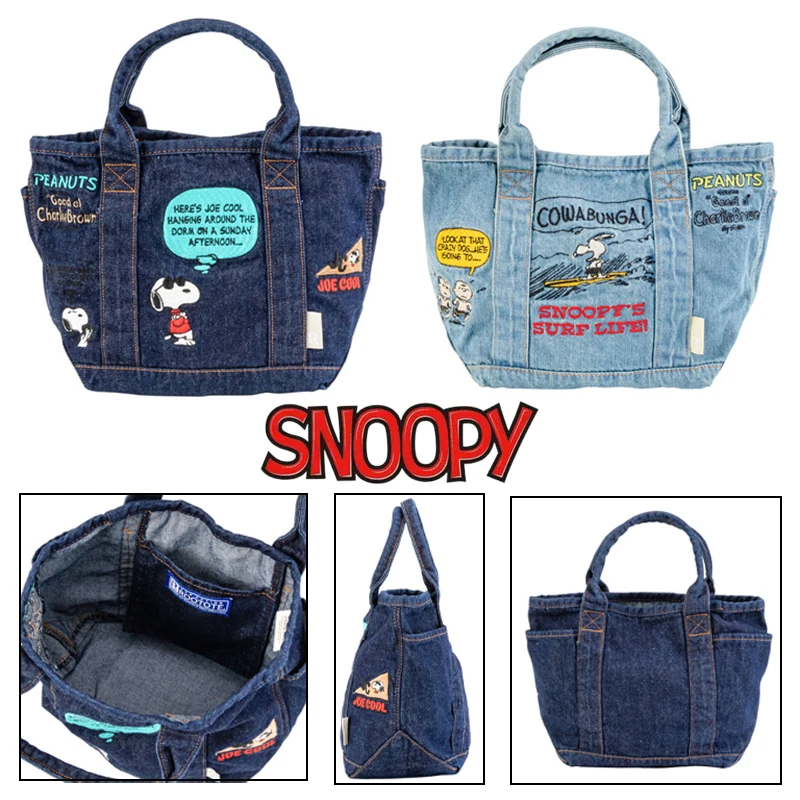 Snoopy Tote Bag Cartoon Shoulder Bag Embroidery Denim Canvas Handbag Women Large Capacity Portable Lunchbox Storage Pouch Gift