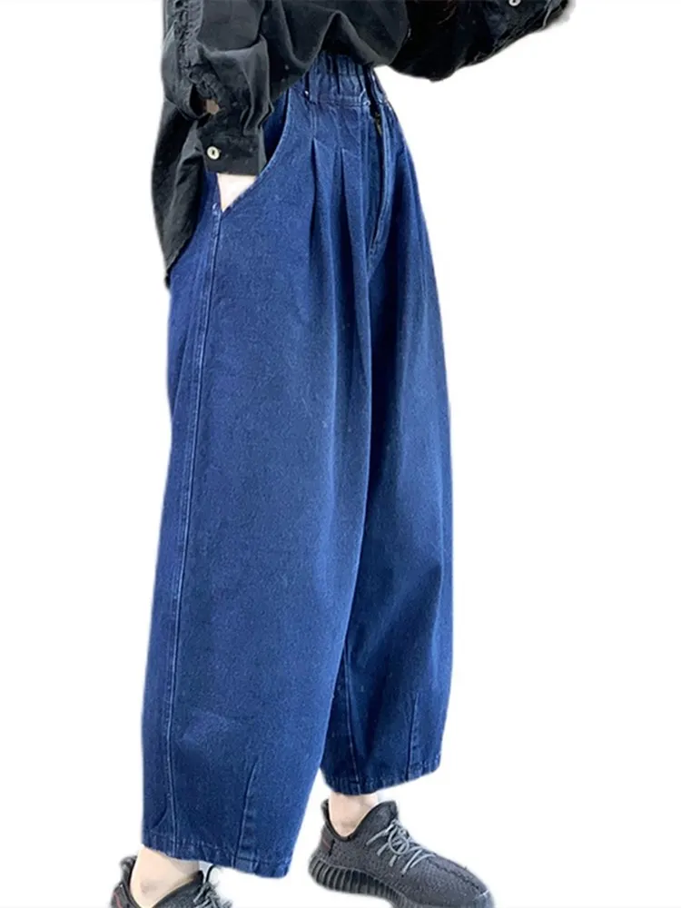 กางเกงทรงบานเอวสูงสำหรับผู้หญิง ทรงฮาร์แลน ดีไซน์เดนิม ไซส์ใหญ่ ทรงกระบอก ช่วยให้ดูผอม ใส่ได้ทั้งฤดูใบไม้ผลิและฤดูร้อน ผลิตจากผ้าฝ้ายยืด