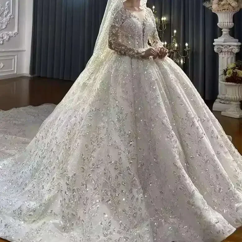 

Customized Luxury Long Sleeve Ball Gown Wedding Dress Lace Appliques Sequins Arabic Dubai Wedding Formal Church Plus Size Bridal