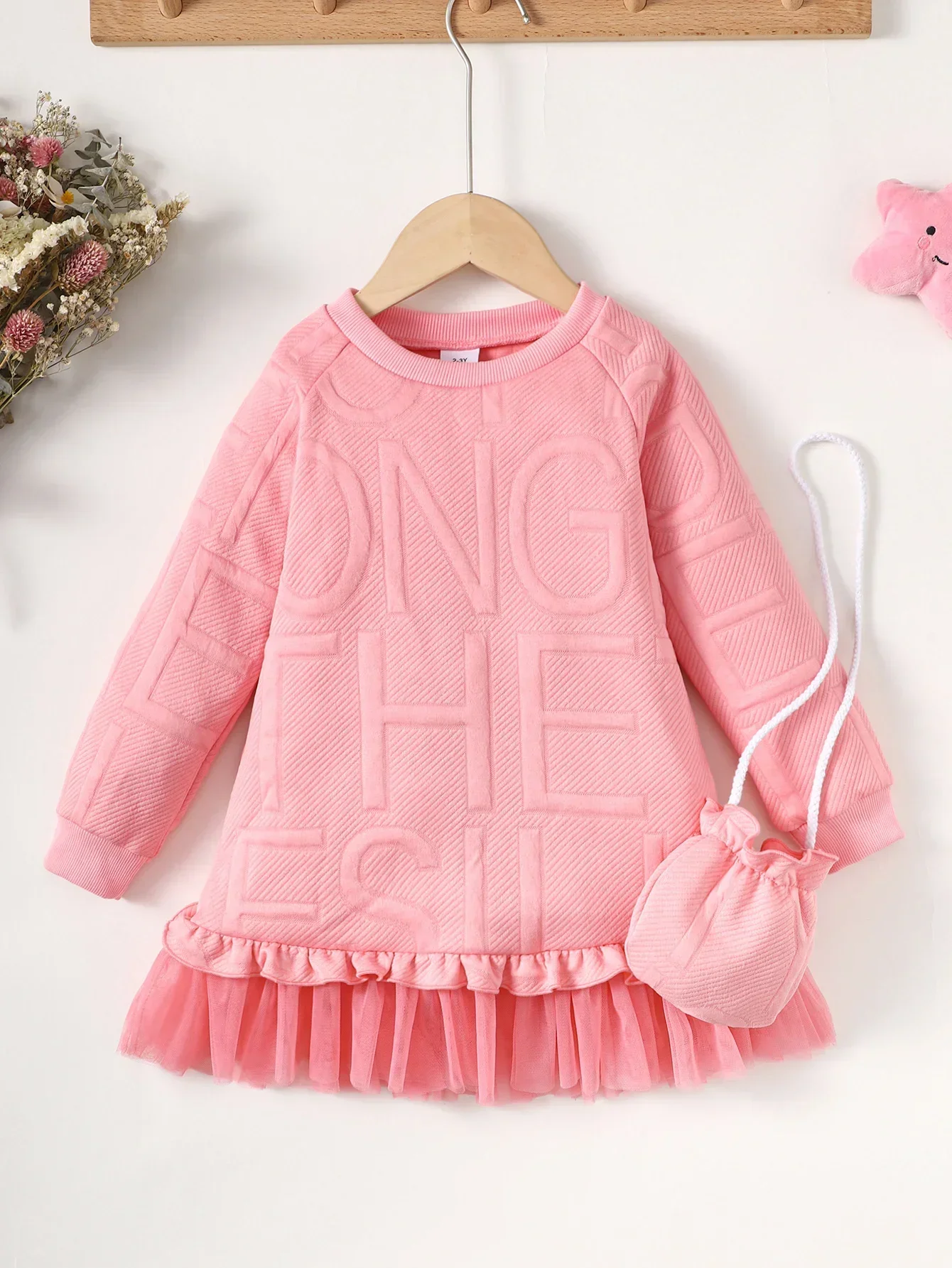 Children Girl Embossed Letter Winter Long Sleeve Dress Patchwork Mesh Princess Skirt Birthday Party Wear for Kid Girl 1-6 Years