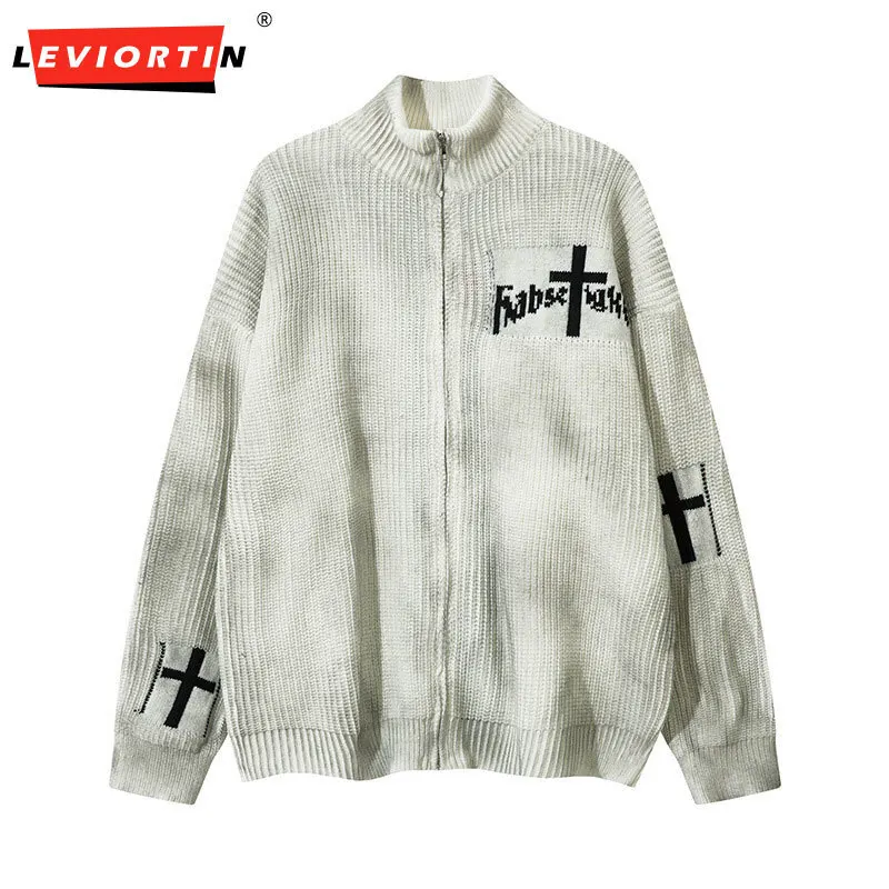 Trendy High Street Spray Tie Dyeing Zipper Sweater Coat Autumn Men's and Women's Cross Dark Collection Stand up Knitted Cardigan