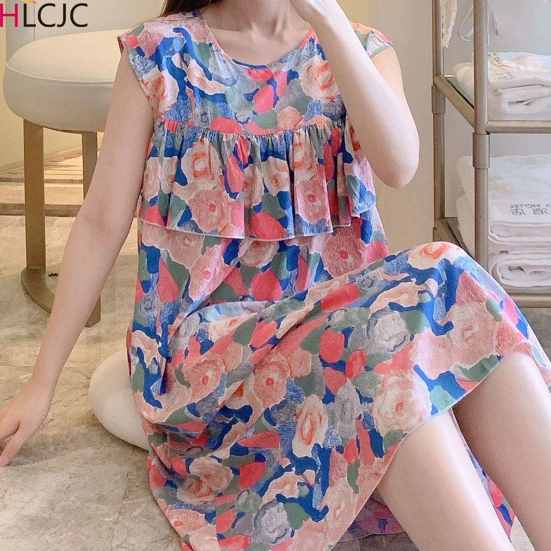 Women Viscose Nightgowns Round Neck Pajama Dress Floral Sleepdress Nightshirt Nightdress Sleeveless Sleepwear Casual Sleepshirt