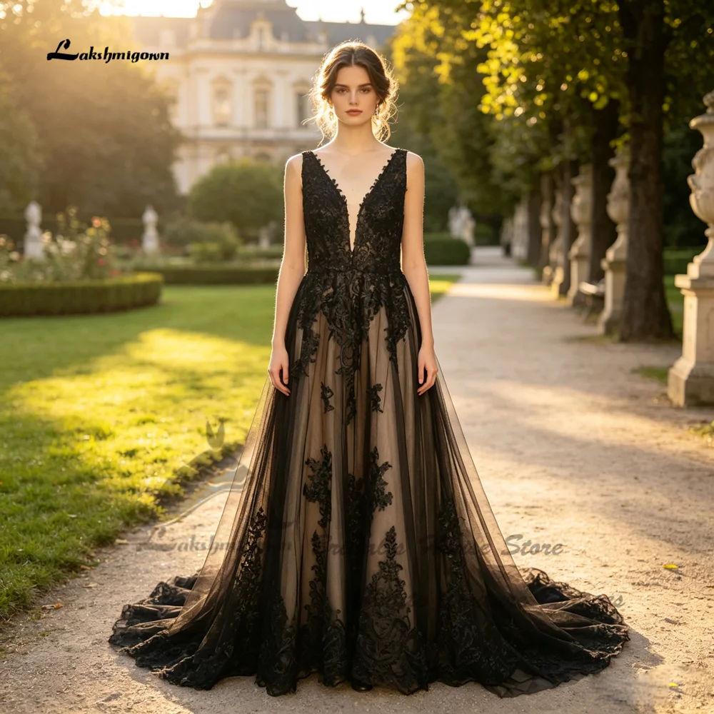 Lakshmigown Gothic Schwarzes Hochzeitskleid Rückenfrei 2026 Vintage Garten Brautkleider Tiefer V-Ausschnitt Vestidos de Novia Maßanfertigung – Detail 6