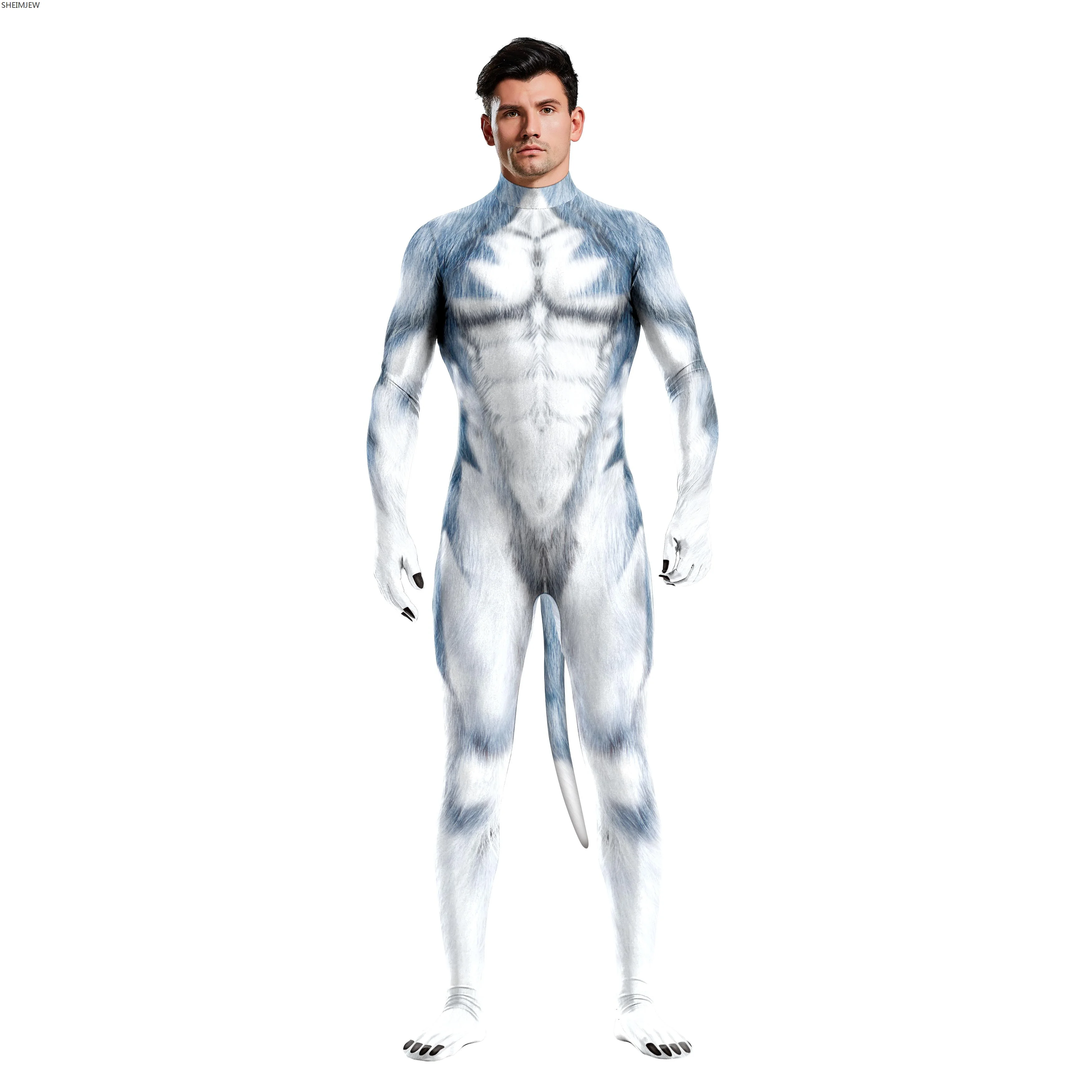 Schnee Wolf gedruckt Full Cover Zentai Bodysuit mit Schwanz kreative Bodysuit Erwachsenen Unisex Cosplay Kostüm Party Spiel anzug