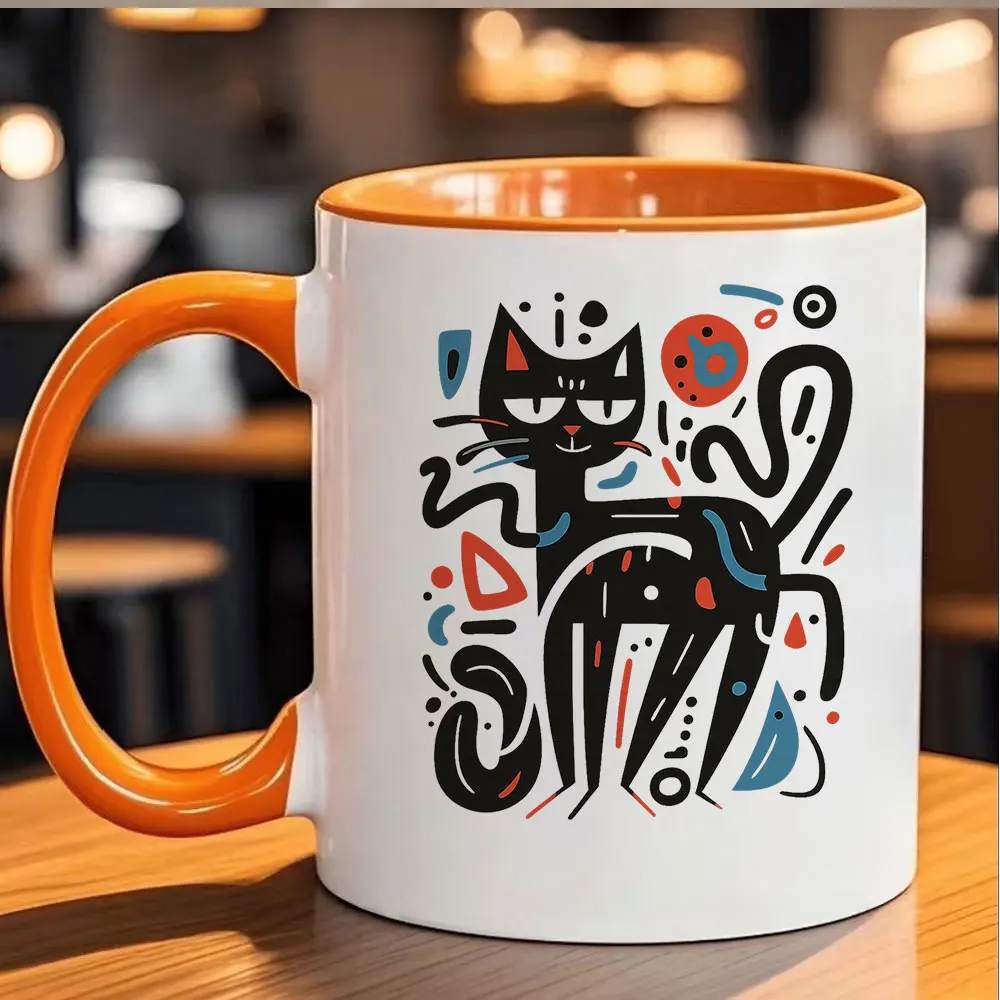 11oz Black Cat Abstract Art Ceramic Coffee Mug with Colorful Patterns Tableware for Home Party Christmas Holiday Present Camping