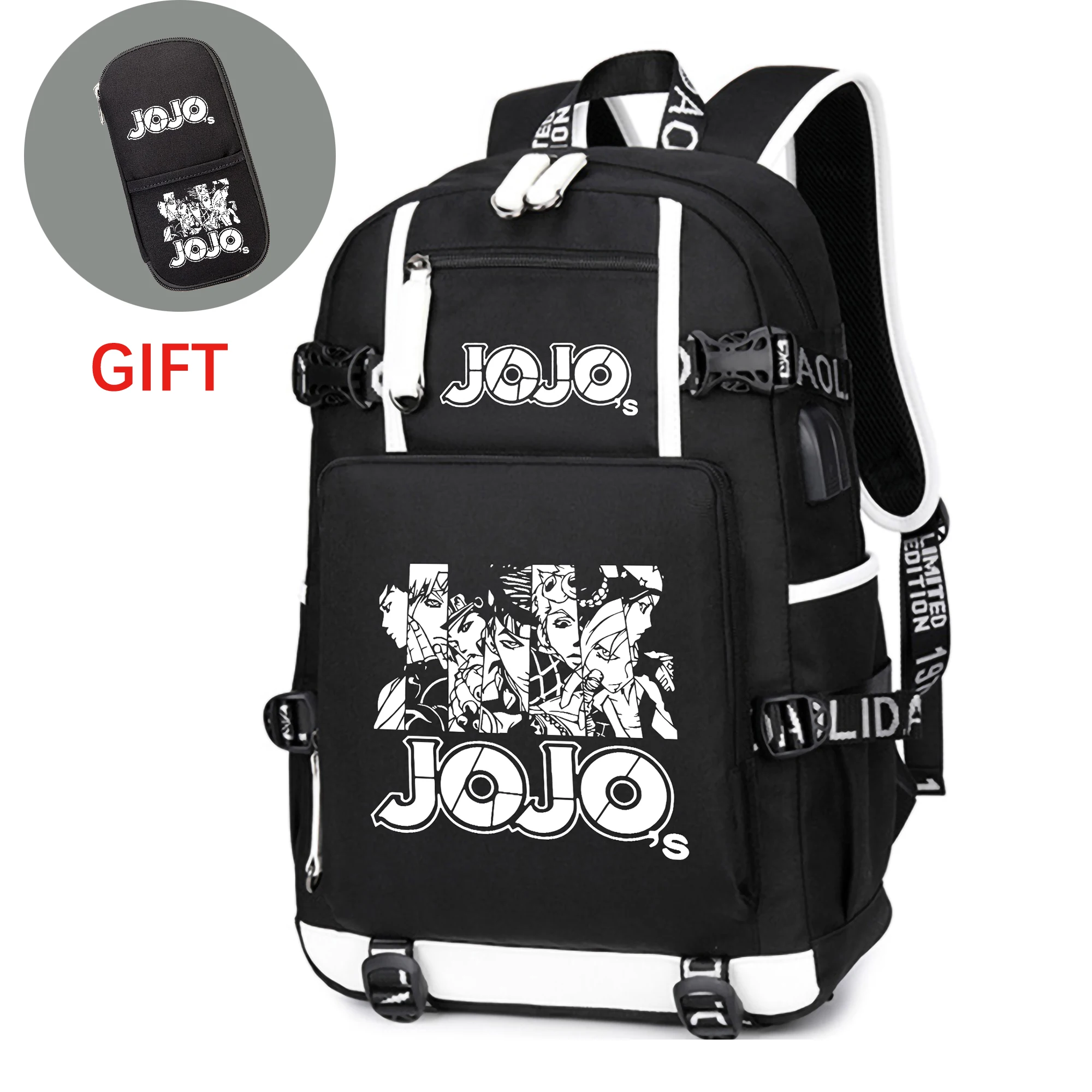 JoJo's Bizarre Adventure Kujo Jotaro School Bagpack USB Charging Laptop Backpack Canvas Travel Backpack Large Gift Pencil Case