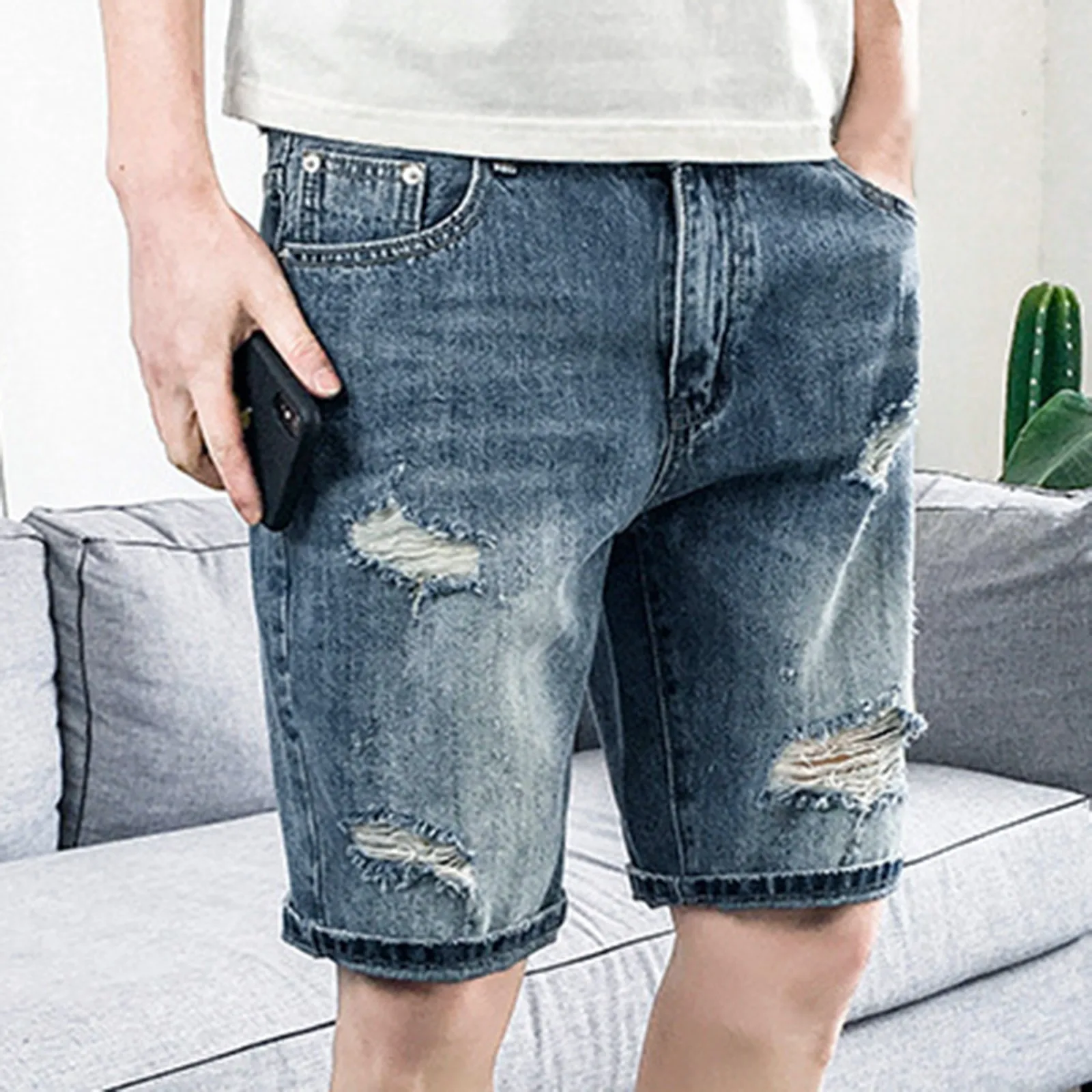 Mens Fashion Broken Holes Slim Fit Stretch Denim Shorts Pants Casual Straight Leg Jeans Mens Shorts Quick Y