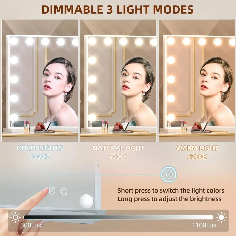Bluetooth スピーカー付き照明付きバニティミラー、22.8x 18.1、調光可能な LED 15 個、USB ポート、3 つのカラーモード