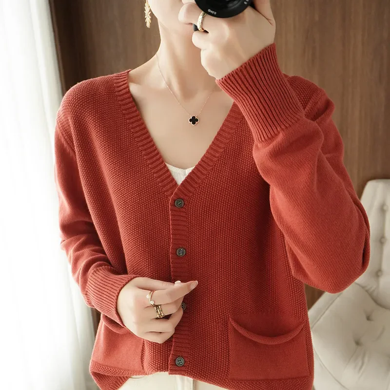 

New Fashion Short Knitted Cardigan Women Spring And Autumn V-Neck Long Sleeves Temperament Thin Knitwear Sweater Female B1408