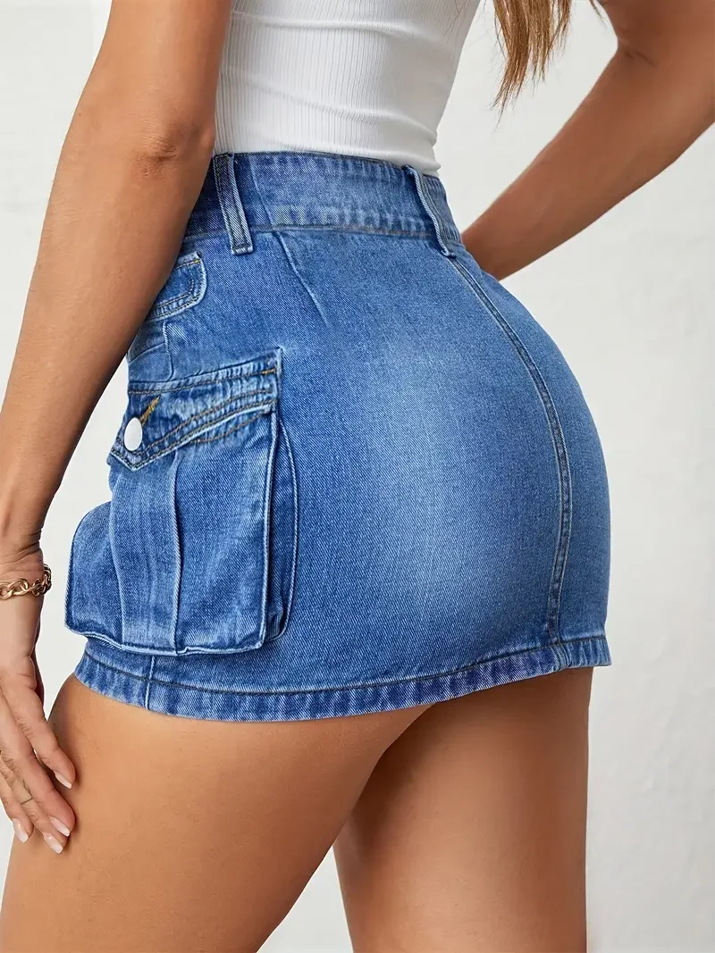 Mulheres sexy perna reta denim saia curta lado grande bolso botão denim minissaia verão