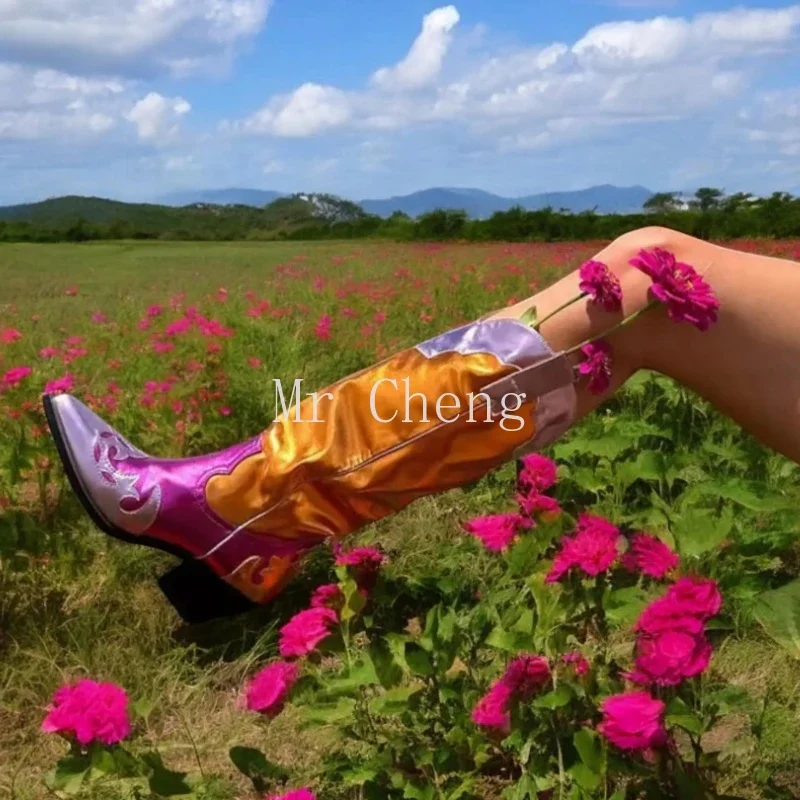 

2025 Chic Metallic Cowboy Boots for Women Western Cowgirls Boots Patchwork Block Heels Country Music Festival Shoes Plus Size