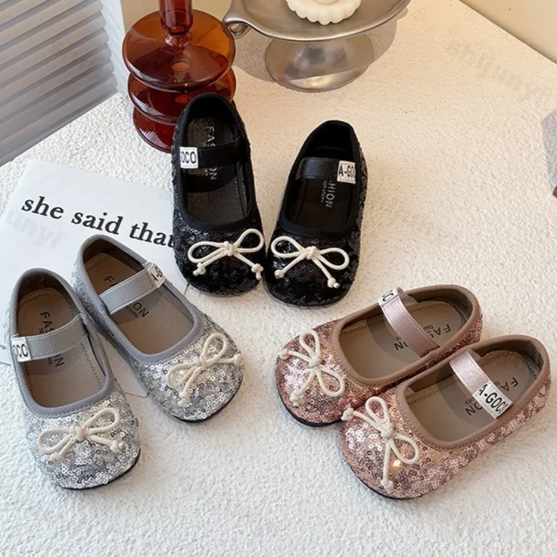 

Girls' Bow Design Elegant Shallow Mouth Shiny Casual Princess Shoes 2025 Autumn New Children Soft Soled Comfortable Single Shoes