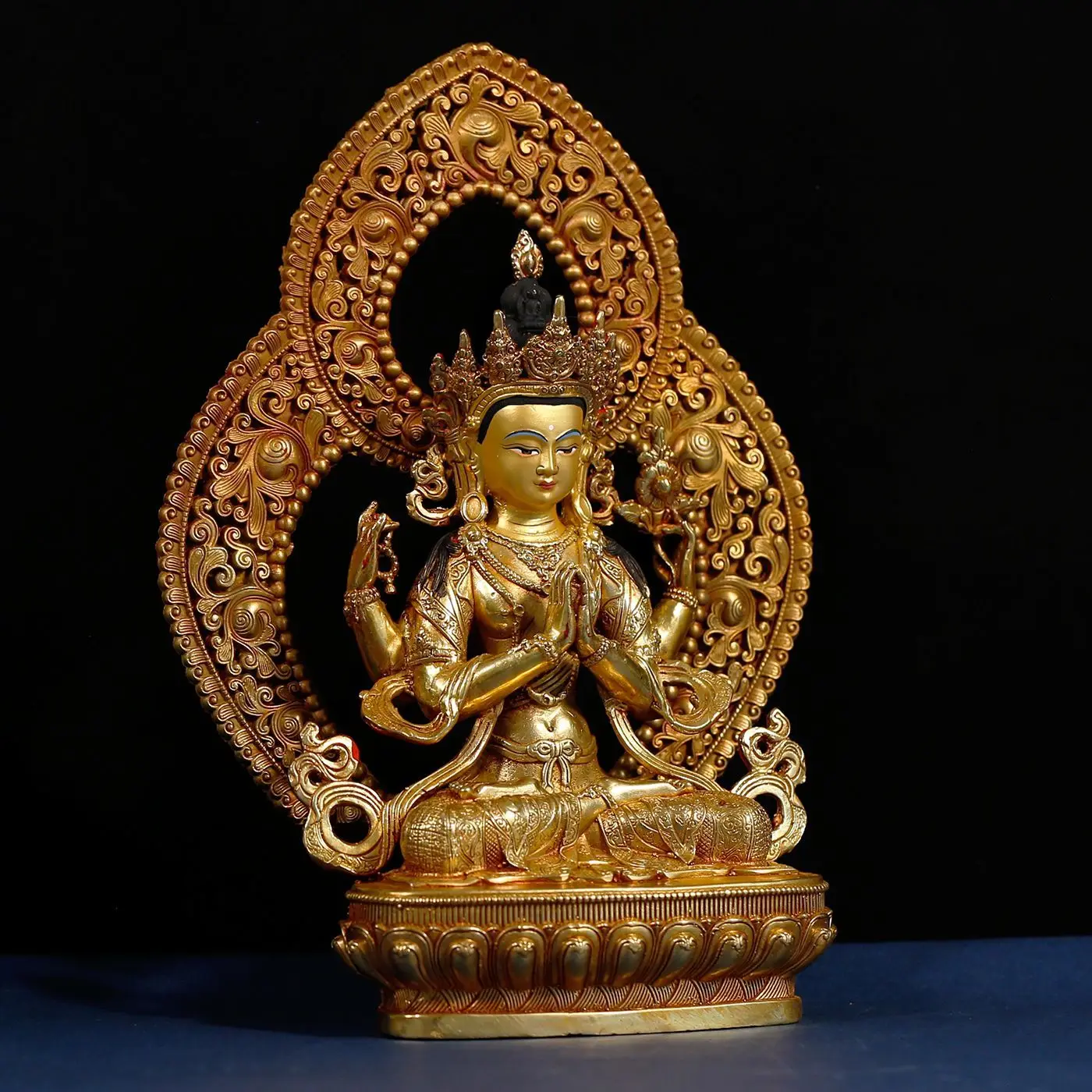 7-Inch four-arm Guanyin bronze statue with backlight, Tibetan tantra copper gilt Guanyin Bodhisattva home Tibetan bronze statue