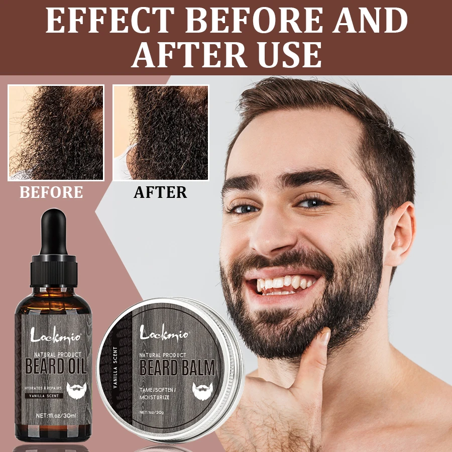 LOCKMIO 2 قطعة طقم العناية بنمو اللحية برائحة الفانيليا الطبيعية زيت اللحية وبلسم التصميم المغذي والعناية باللحية للرجال