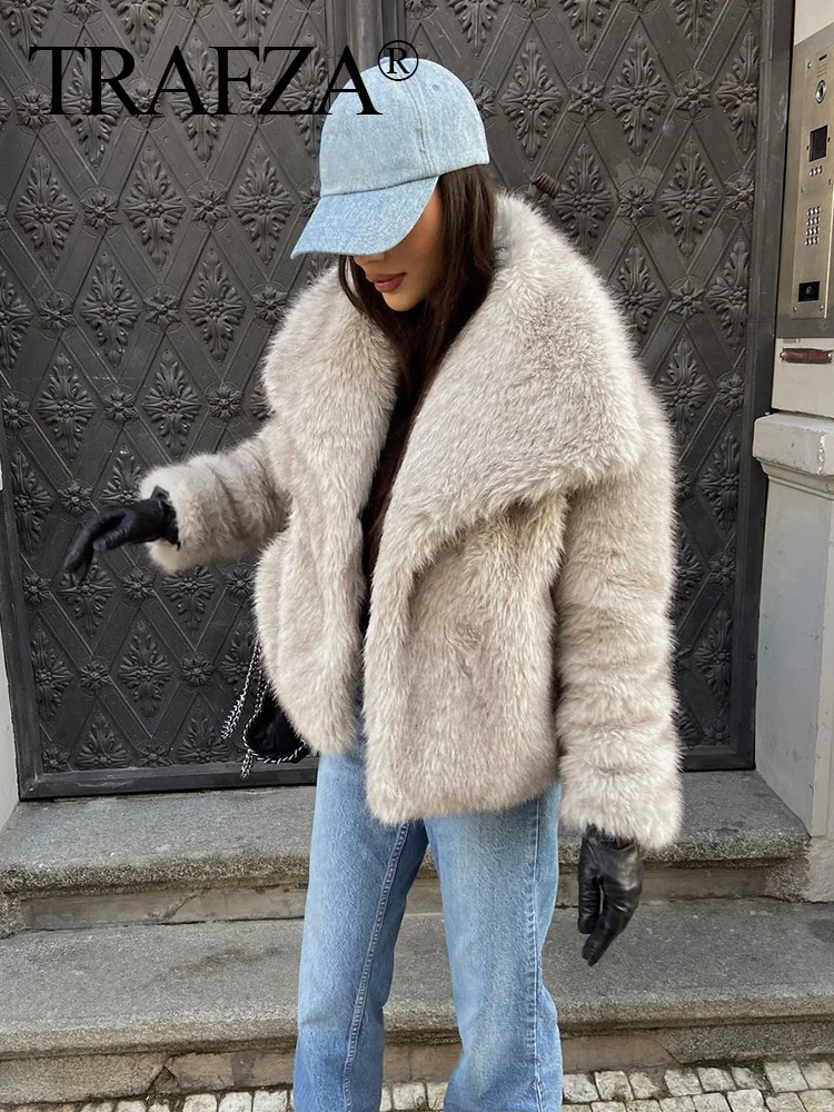 TRAFZA Winter Women Warm Faux Fur Coat Elegant Solid Loose Long Sleeve Thick Jacket Pockets Female Fashion Oversized Outerwear