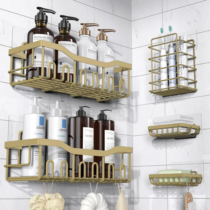 

5 Pack Rustproof Stainless Steel Shower Caddy No Drill Adhesive Bathroom Organizer Large Capacity for Kitchen Bathroom Storage