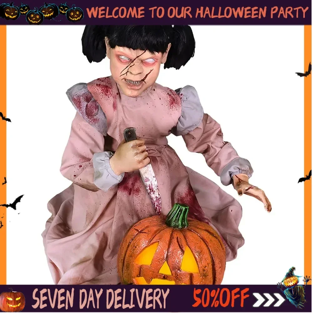 Halloween Decoration Pumpkin Carver Zombie Girl By Motion-Activated Talking Scare Prop Animatronic for Indoor or Covered Outdoor