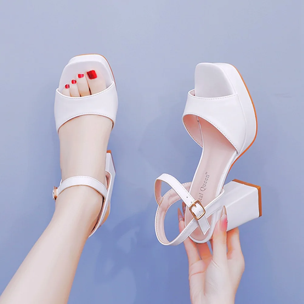 Summer new fish mouth white leather square heel waterproof table wedding shoes banquet large size high-heeled women's sandals