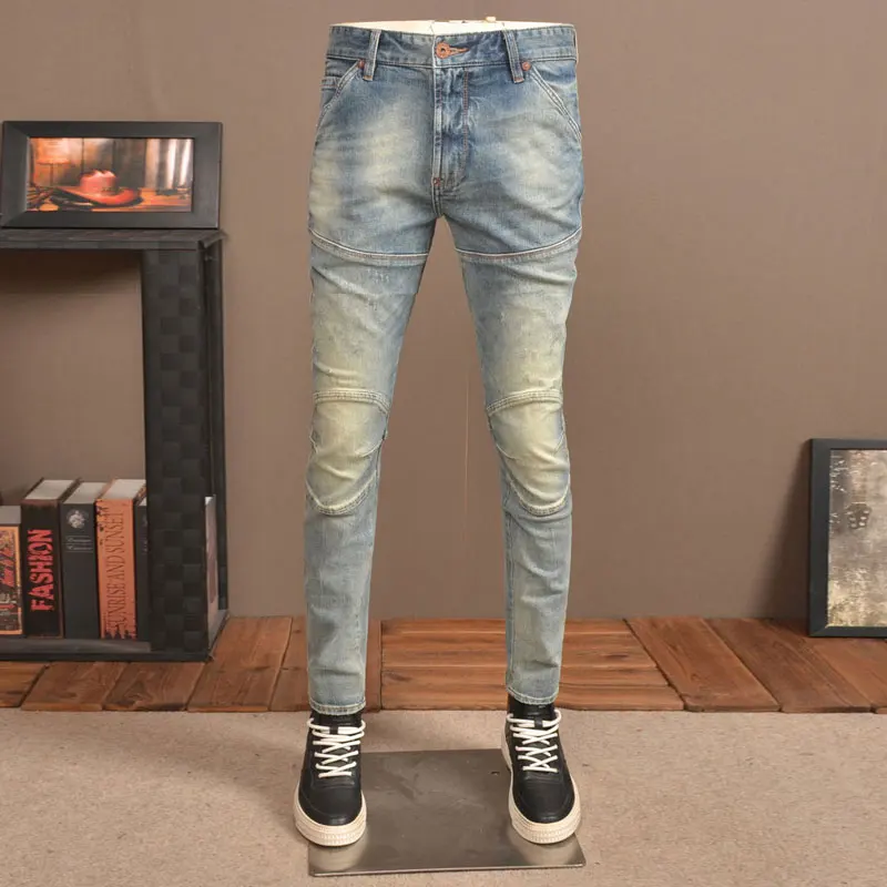 

High Street Fashion Men's Jeans Vintage Blue Elastic Tight Cycling Jeans Homme Panel Designer Zipper Pocket Hip Hop Jeans for Me